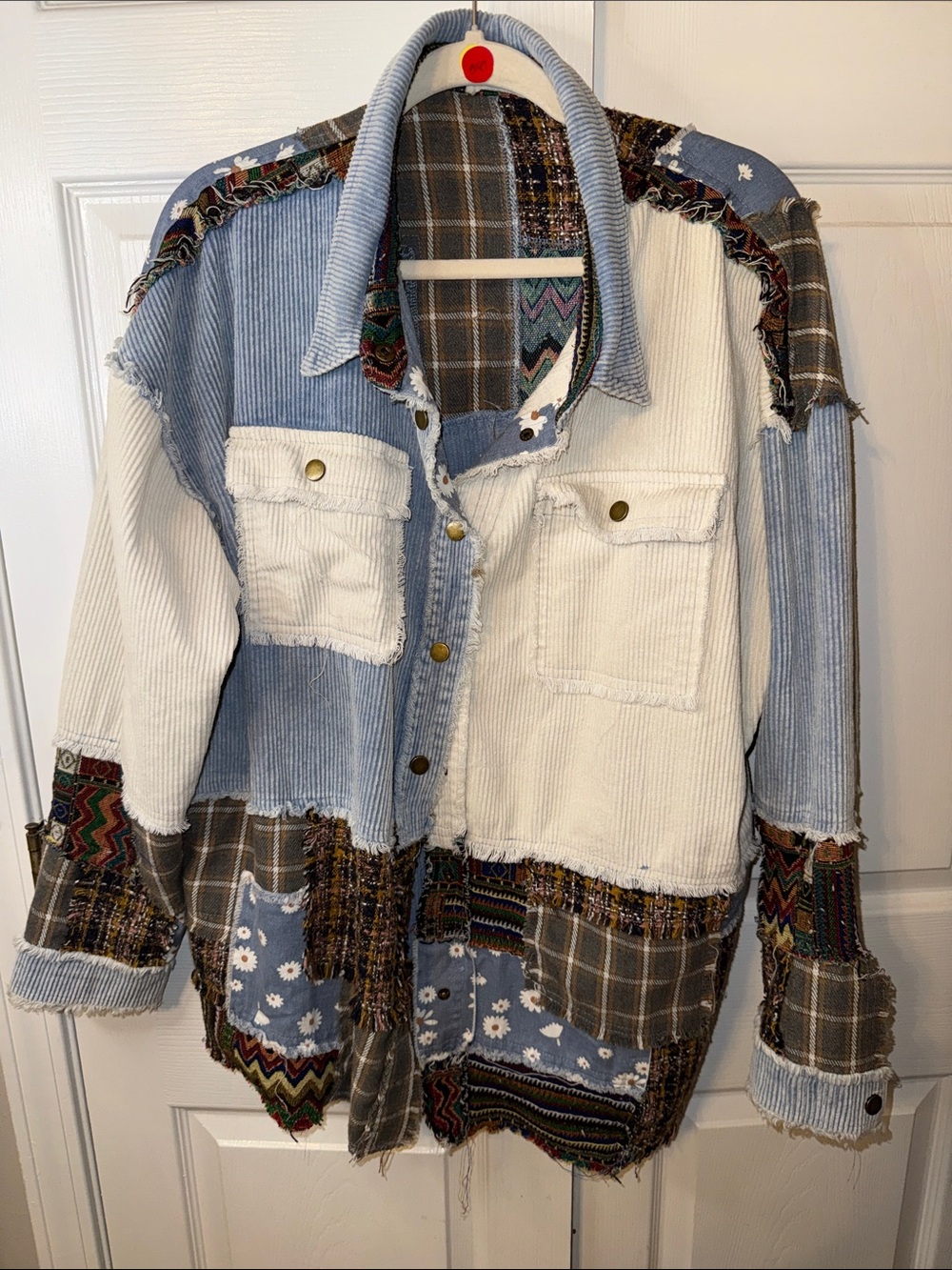 Blue Velvet Patchwork Corduroy & Plaid Jean Jacket - Light Blue & White